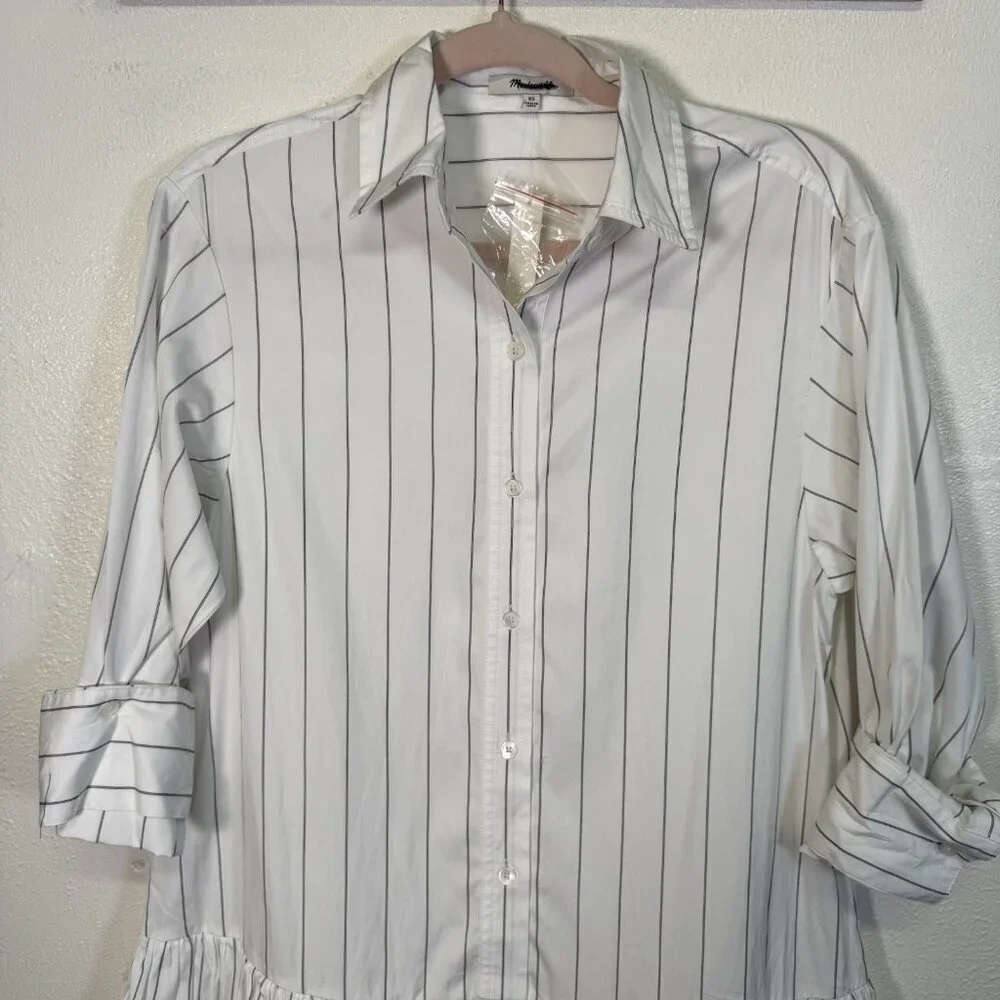 MADEWELL Bubble-Hem Mini Shirtdress in Pinstripe Poplin Dress X-Small - Picture 10 of 16